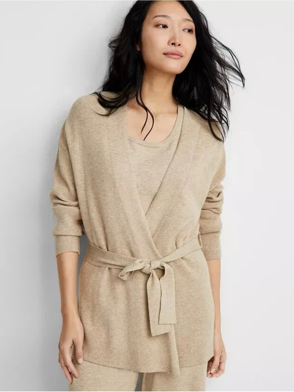 State of Day Beige Ribbed Knit Wrap Top Loungewear Cardigan L